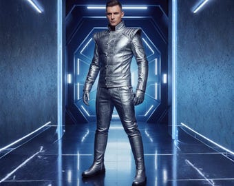 Traje futurista em couro genuíno | Roupa de ficção científica prateada