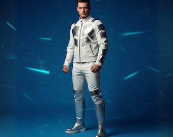 Disfraz de superhéroe de ciencia ficción futurista de cuero genuino para hombre.