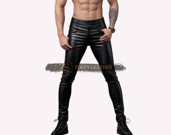 Echte leren herenbroek, handgemaakte leren herenbroek op maat, heren zwarte slim fit broek, cadeau voor hem