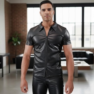 Echt leren herenshirt met halve mouw: handgemaakt shirt met ritssluiting