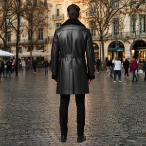 Handmade Genuine Leather Shearling Trench Coat - Winter Fur Coat image 6
