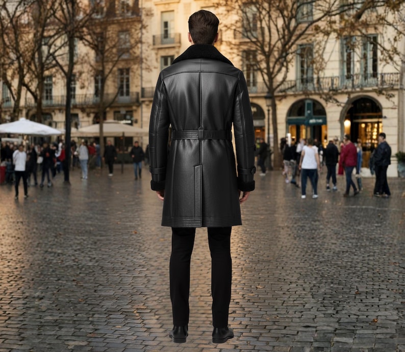 Handmade Genuine Leather Shearling Trench Coat - Winter Fur Coat image 6