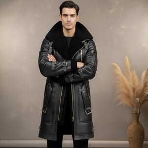Handmade Genuine Leather Shearling Trench Coat - Winter Fur Coat image 3