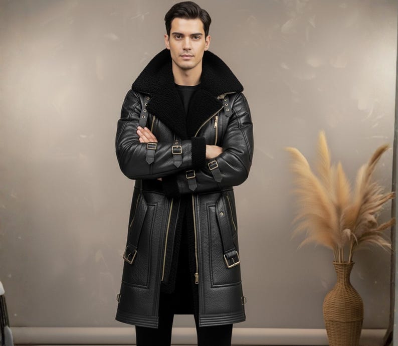 Handmade Genuine Leather Shearling Trench Coat - Winter Fur Coat image 3