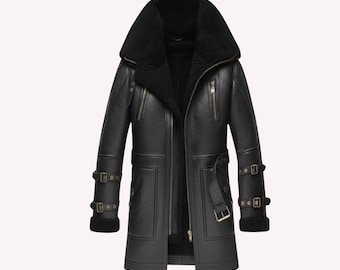 Handmade Genuine Leather Shearling Trench Coat - Winter Fur Coat