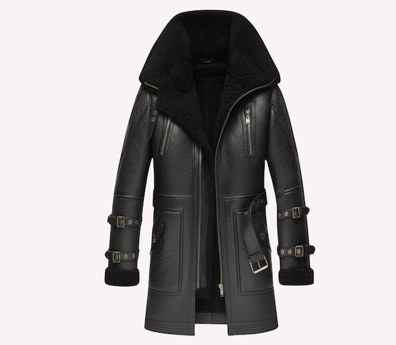 Handmade Genuine Leather Shearling Trench Coat - Winter Fur Coat