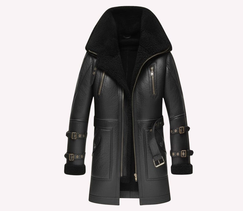 Handmade Genuine Leather Shearling Trench Coat - Winter Fur Coat image 1