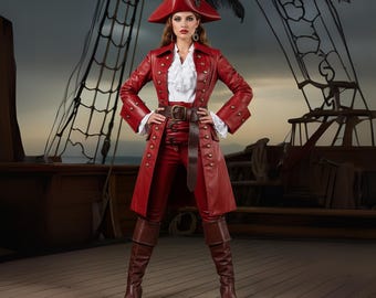 Genuine Leather Renaissance Pirate Costume: Red Coat, Pants & Boots