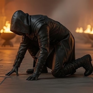 May include: A person wearing a black leather hooded coat, gloves, and boots, kneeling on a dark surface. The coat features shoulder accents and is knee-length. The boots have multiple buckles. The scene is dimly lit with a warm glow.