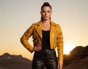 Genuine Leather Cyberpunk Cropped Jacket for Women.