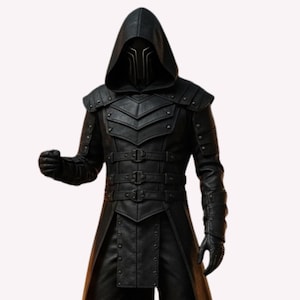 May include: A black leather hooded coat with a matching mask. The coat features intricate detailing, including shoulder armor, multiple buckles, and a long, flowing design. The gloves are also black.