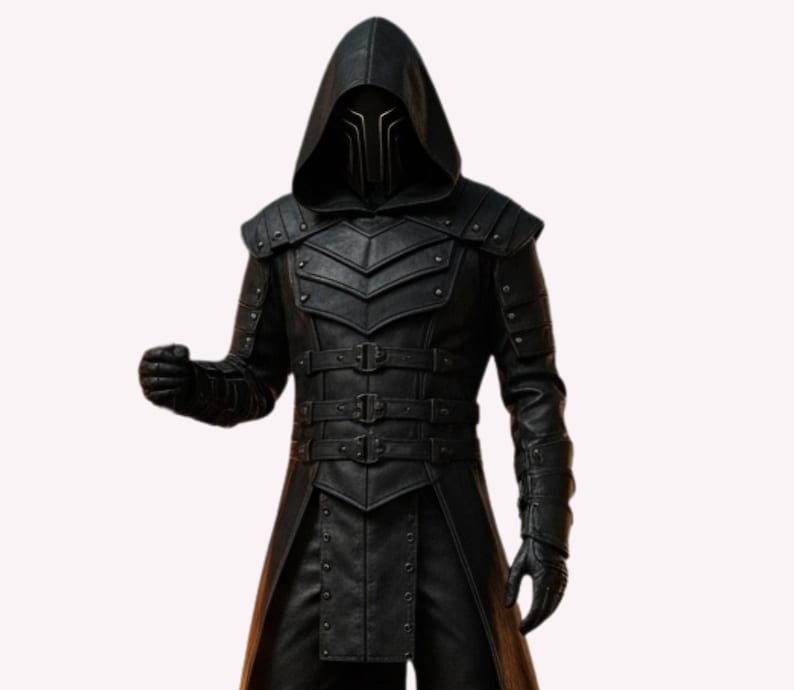 May include: A black leather hooded coat with a matching mask. The coat features intricate detailing, including shoulder armor, multiple buckles, and a long, flowing design. The gloves are also black.