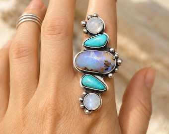 Statementring met Australische boulder opaal, turkoois en maansteen | Sterling zilveren boho hanger