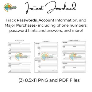 3 in 1 Tracker: Passwörter, Accounts, Major Expenses, schwarz und weiß, sofortiger Download, 8,5x11 Notebook Planner Checkliste