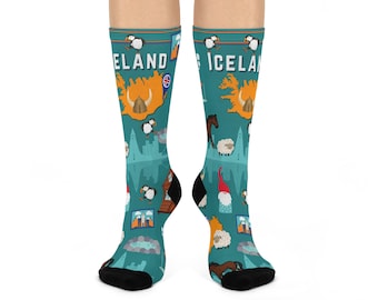 Iceland Crew Socks! Puffins, Sheep, Ice Fishing, Hot Springs Unisex Adult Comfortable Breathable Stretchy Crew Mid Calf Fun Original 1 Size