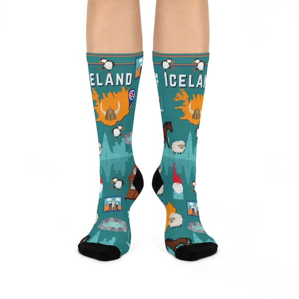 Iceland Crew Socks! Puffins, Sheep, Ice Fishing, Hot Springs Unisex Adult Comfortable Breathable Stretchy Crew Mid Calf Fun Original 1 Size