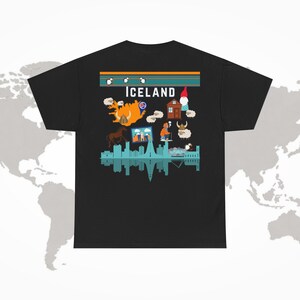T-shirt de l'Islande, recto verso, macareux et carte de l'Islande au recto, grand graphique de l'Islande au verso ! Souvenirs et souvenirs colorés d'Islande, cadeau d'Islande
