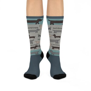 Dachshund Socks, Blue Griege German Dog Unisex Adult Comfortable Lightweight Breathable Stretchy Crew Mid Calf | Fun Original 1 Size