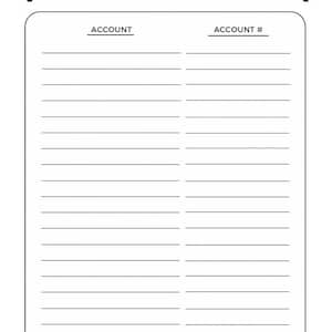Planner Page Insert: Account Information for Accounts and Account Numbers, black and white, instant download, 8.5x11