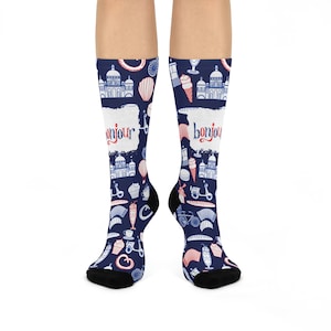 France Socks, Bon Jour French Unisex Adult Comfortable Lightweight Breathable Stretchy Crew Mid Calf | Fun Original | 1 Pair, 1 Size