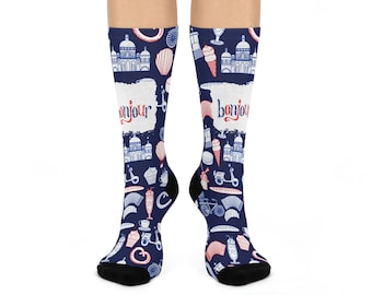 France Socks, Bon Jour French Unisex Adult Comfortable Lightweight Breathable Stretchy Crew Mid Calf | Fun Original | 1 Pair, 1 Size