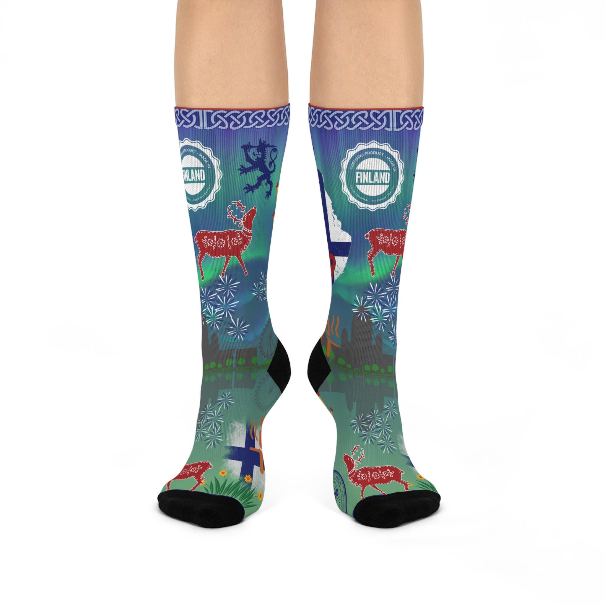Finland Socks | Unisex Adult Stretchy Mid Calf Cushioned Lightweight | Colorful Northern Lights Fold Art | Travel Nordic Country Suomi-sukat