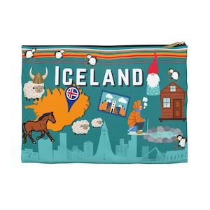 Island Accessoire Beutel, süße Island-Themen Allzwecktasche mit Zwergen, Eisfischen, Wikinger, Schaf, Reykjavik, Pferd, Landkarte von Island