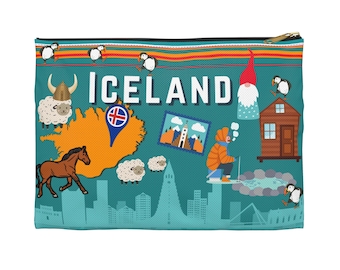 Iceland Accessory Pouch, Adorable Iceland-Themed All-Purpose Bag with Gnomes, Ice Fishing, Vikings, Sheep, Reykjavik, Horse, Map of Iceland