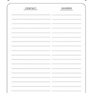May include: A printable page with the title "IMPORTANT NUMBERS" and two columns labeled "CONTACT" and "NUMBER". The page is designed for writing down important phone numbers and contact information.