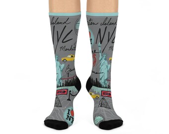 NYC Socks, Aqua Travel Map Unisex Adult Comfortable Lightweight Breathable Stretchy Crew Mid Calf | Fun Original | 1 Pair, 1 Size