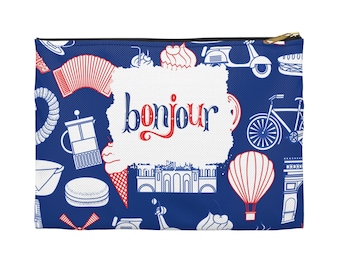Bonjour French Accessory Pouch- Love France? Eiffel Tower, French Bread, Brie, French Wine, il borsellino, French Castles, Aime la France