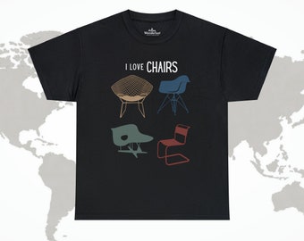 Camiseta I Love Chairs MCM Eames Herman Miller Knoll Mies Van Der Rohe Original Unisex Negro Estilo Retro Sillas de Diseño Bauhaus Suave ¡NUEVO!