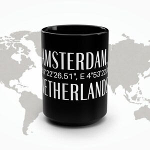 Amsterdam, Netherlands Mug, Coordinates of Amsterdam on Mug, Black Amsterdam Souvenir Mug, Glossy, Amsterdamse koffiemok, amsterdam reizen