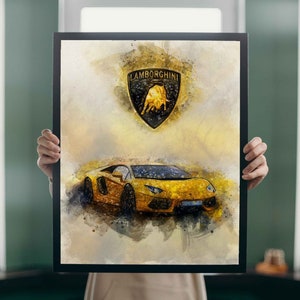 Lamborghini / Dibujo de coches / Logotipo / Pintura de acuarela / Coche de lujo / Amarillo / Impresión de arte / Arte de pared / Decoración de habitaciones para niños / Reproducción