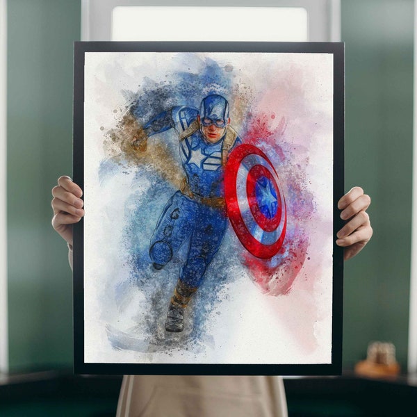 Captain America / Aquarelle / Art Print / Super-héros  / Poster Film / Avengers / Comic / Marvel / Bouclier / Wall Art / Kids Room Decor