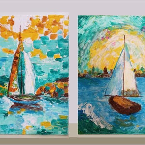 Cuadro abstracto de barco, conjunto de 2 cuadros, lienzo de velero, obra de arte de barco, arte mural marítimo, obra de arte de paisaje marino, cuadro de navegación