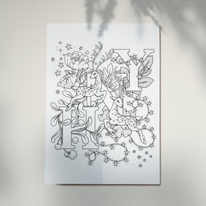 Puede incluir: Ilustraci&oacute;n en blanco y negro de l&iacute;nea de arte de la palabra "Happy" con ciervos estilizados y elementos florales.