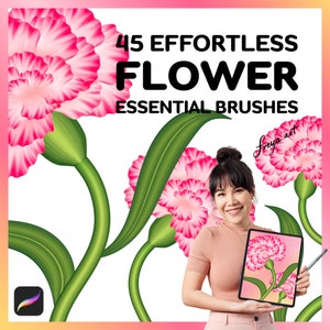 Flowers Procreate Brush | 45 Effortless Flower Essentials Brushes, Petal, Pollen, Leaf, Stem, Branch, Foliage, Realistic Floral Painting