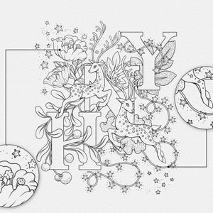 Puede incluir: Ilustraci&oacute;n en blanco y negro de l&iacute;neas de las letras "HY" con un ciervo y un dise&ntilde;o floral. Las letras est&aacute;n rodeadas de enredaderas, estrellas y flores.