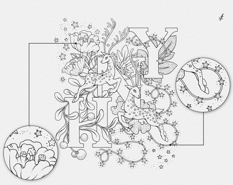 Puede incluir: Ilustraci&oacute;n en blanco y negro de l&iacute;neas de las letras "HY" con un ciervo y un dise&ntilde;o floral. Las letras est&aacute;n rodeadas de enredaderas, estrellas y flores.