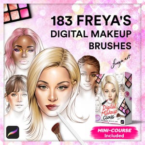 Könnte beinhalten: Eine digitale Illustration eines Make-up-Pinselsets mit 183 Pinseln. Das Bild enthält einen rosa Hintergrund mit einem Aquarelleffekt. Der Text "183 FREYA'S DIGITAL MAKEUP BRUSHES" wird in großen, fetten Buchstaben angezeigt. Der Text "freya.art" wird in einer kleineren Schriftart angezeigt. Der Text "Digital Makeup Class" wird auf einer Box mit einem rosa und weißen Design angezeigt. Der Text "PROCREATE BEAUTY LAB" wird in einer kleineren Schriftart angezeigt. Der Text "MINI-COURSE Included" wird in einer größeren Schriftart angezeigt.
