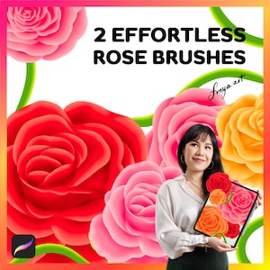 May include: Two digital rose brushes for use in digital art programs. The image shows a woman holding a tablet with a rose design on the screen. The background features a variety of pink, red, and orange roses.