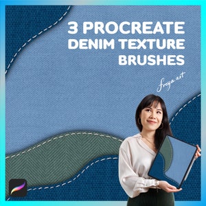 May include: A woman holds a tablet displaying a digital illustration of three denim textures. The text on the tablet reads "3 Procreate Denim Texture Brushes". The background is a collage of denim textures.