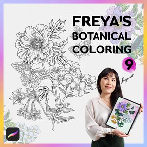 Procreate Coloring Sheet Flowers and Butterflies, Single Coloring Page, Freya&#39;s Botanical Coloring 9