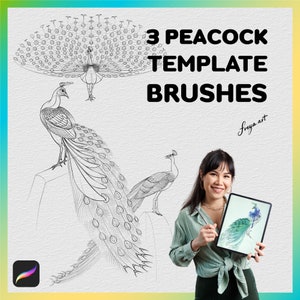 Procreate Peacock Stamp | 3 Template Procreate Brushes | Animal  Stamp | Drawing Guide | Pencil Drawing | Animal Line art | Tattoo Design