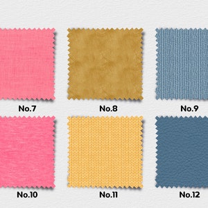 K&ouml;nnte beinhalten: Sechs Stoffmuster in verschiedenen Farben und Texturen. Die Muster sind von 7 bis 12 nummeriert. Die Muster sind rosa, braun, blau, rosa, gelb und blau.