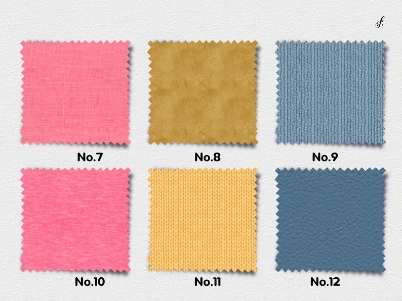 K&ouml;nnte beinhalten: Sechs Stoffmuster in verschiedenen Farben und Texturen. Die Muster sind von 7 bis 12 nummeriert. Die Muster sind rosa, braun, blau, rosa, gelb und blau.