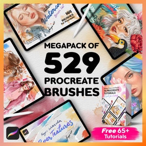 Könnte beinhalten: Werbebild für Procreate-Pinsel. Das Bild zeigt mehrere digitale Tablets mit Kunstwerken und Pinselsätzen. Der Text lautet "MEGAPACK OF 529 PROCREATE BRUSHES" und "Free 65+ Tutorials". Die Kunstwerke umfassen Aquarell- und Porträtstile.