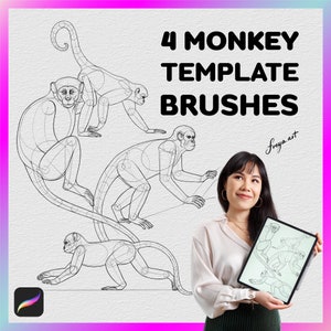 May include: A digital illustration of four monkey poses with a line drawing style. The monkeys are drawn with circles and lines to show their anatomy. The image also shows a person holding a tablet with a similar illustration of monkeys.