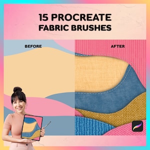 Pode incluir: Uma imagem de antes e depois mostrando o uso de 15 pincéis de tecido Procreate. A imagem de antes mostra um fundo simples com uma pessoa segurando um tablet. A imagem de depois mostra um design de tecido colorido com diferentes texturas e costuras.